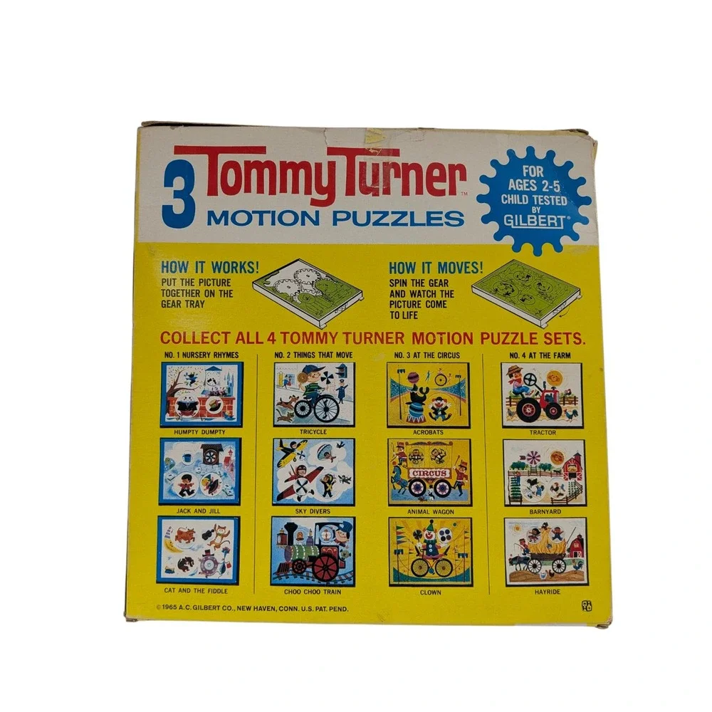 Vintage 1965 Tommy Turner 3 Motion Puzzles Gilbert Nursery Rhymes Set No 1